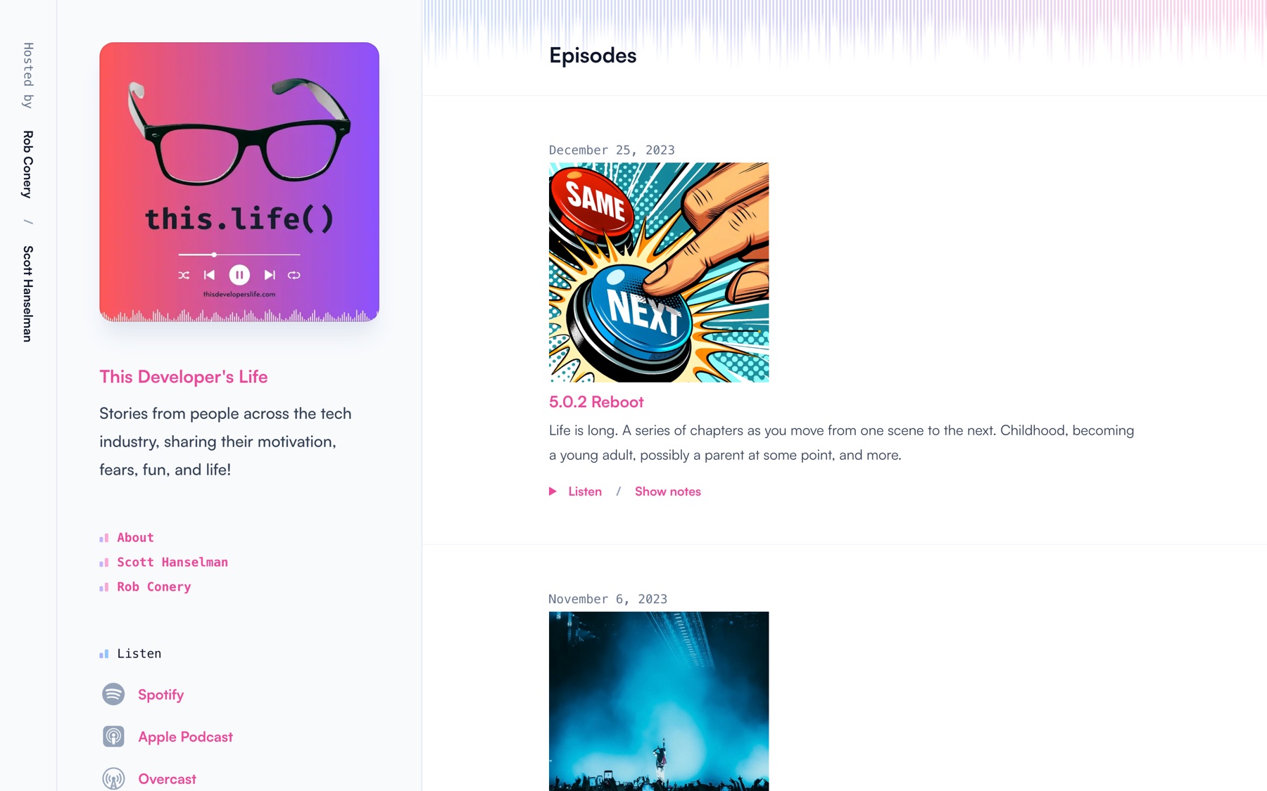 The This Developer's Life website, with the this.life() cover art and the episode list